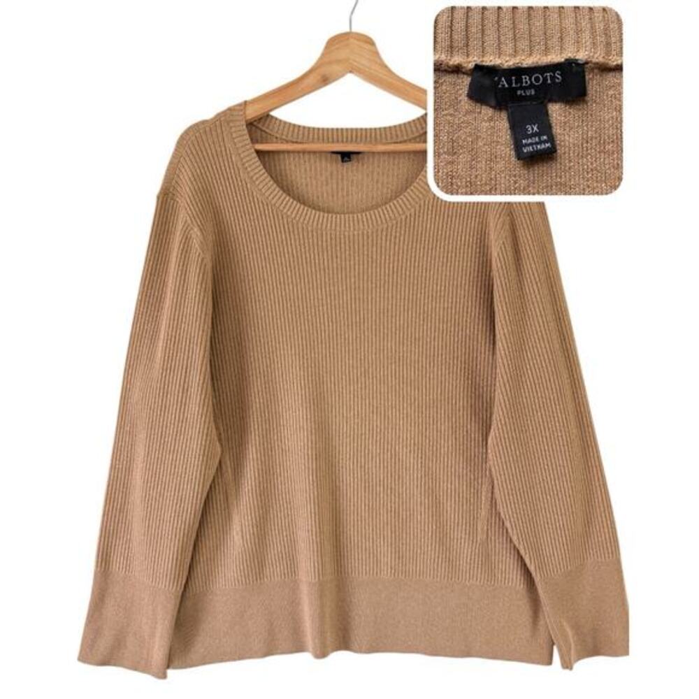 Talbots Plus Size 3X‎ Ribbed Crewneck Sweater Metallic Gold Shimmer Tan Neutral